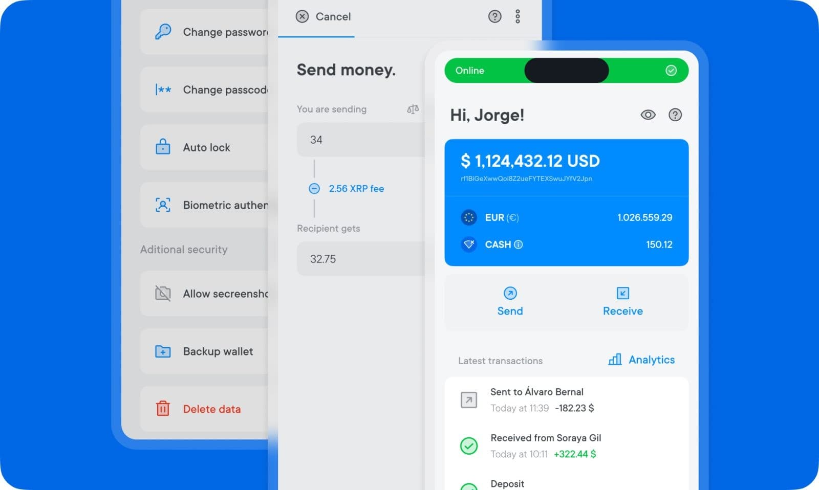 CBDC wallet send money and security settings screens
