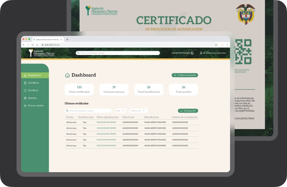 Agencia Nacional de Tierras dashboard beside a QR-enabled land ownership certificate