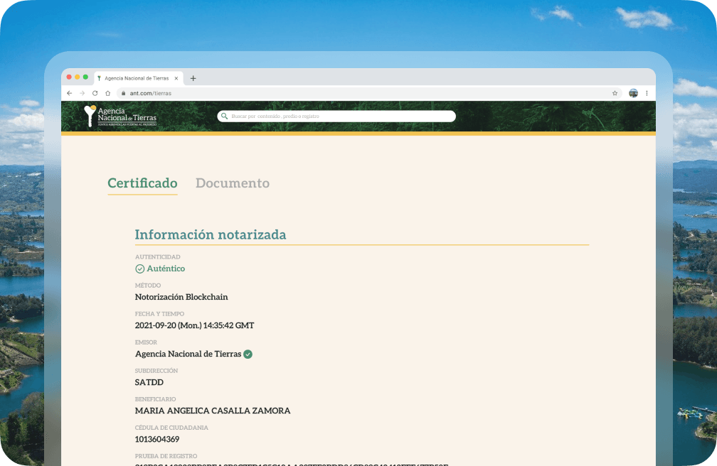 Land registry explorer showing the notarised information of a certificate
