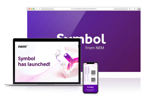 Symbol launch campaign shown on a laptop, desktop and mobile wallet
