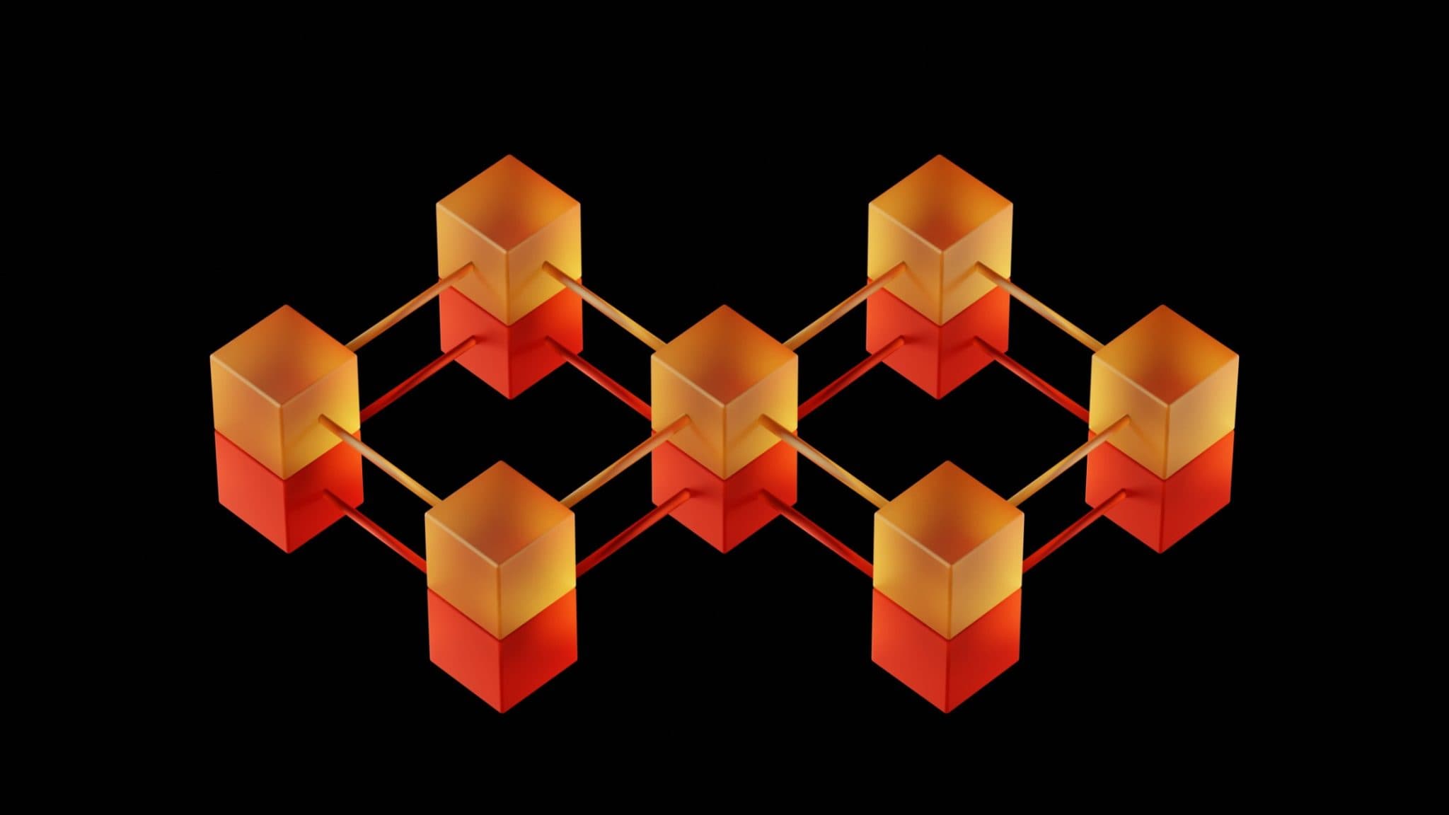A lattice of glowing orange and red cubes linked together on a black background