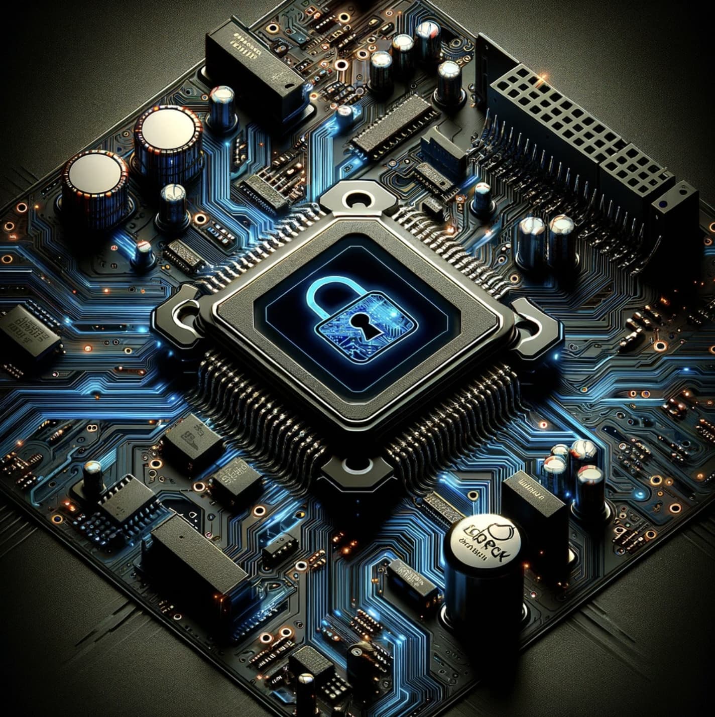 A circuit board with a glowing padlock etched into its central chip