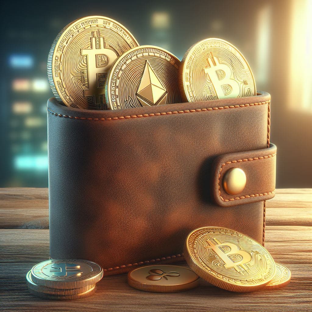 A leather wallet holding gold Bitcoin and Ethereum coins on a wooden desk