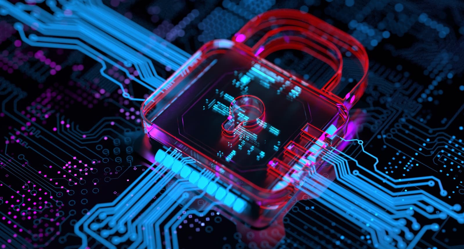 A translucent red padlock resting on a circuit board lit by blue and magenta traces