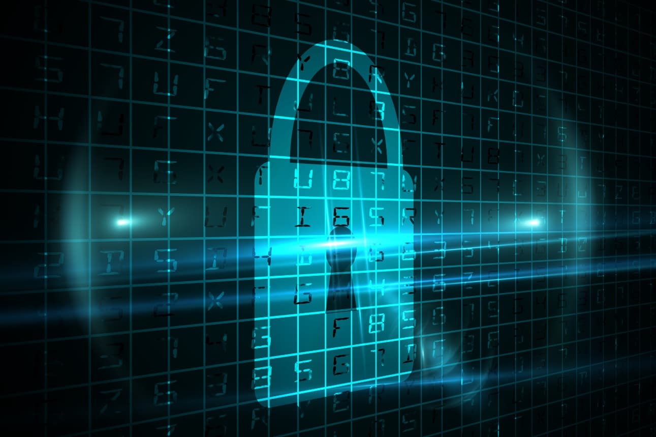 A glowing padlock behind a cyan grid of digits